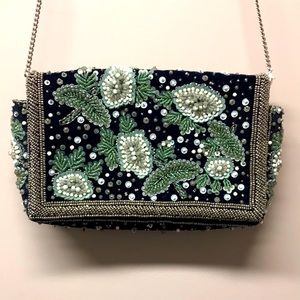 Anthropologie Blue velvet beaded purse